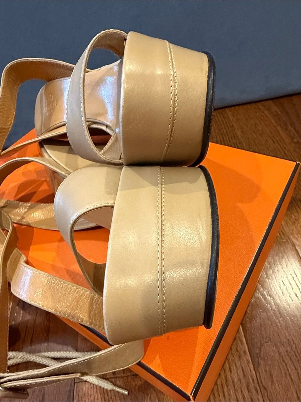 Hermes Beige Leather Platform Slingback Sandals